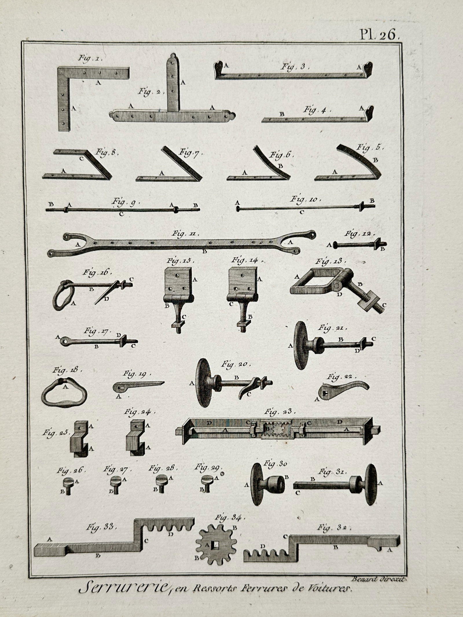 Robert Bénard (1734–1777) – View of Carriage Springs and Hardware Components – Engraving: "Serrurerie, en Ressorts Ferrures de Voitures" is a technical engraving illustrating the specialized ironwork and mechanical components designed for eighteenth-century carriage construction. The plate