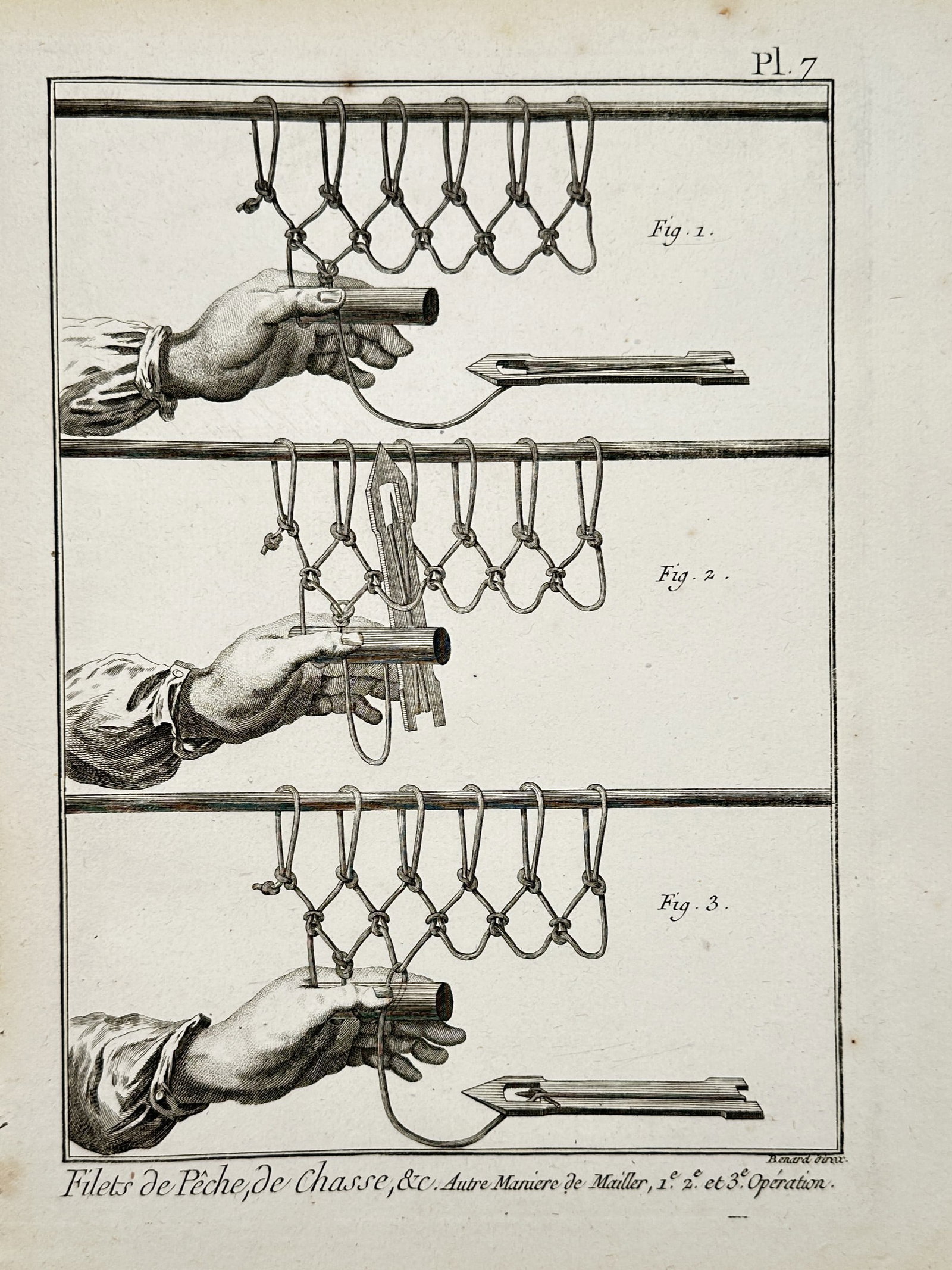 Robert Benard (1734–1777) – Techniques for Net Weaving for Fishing and Hunting: "Filets de Peche, de Chasse, &c. Autre Maniere de Mailler, 1.re 2.e et 3.e Operation" demonstrates the manual process of knotting and weaving nets used for hunting and fishing. The plate illustrates t
