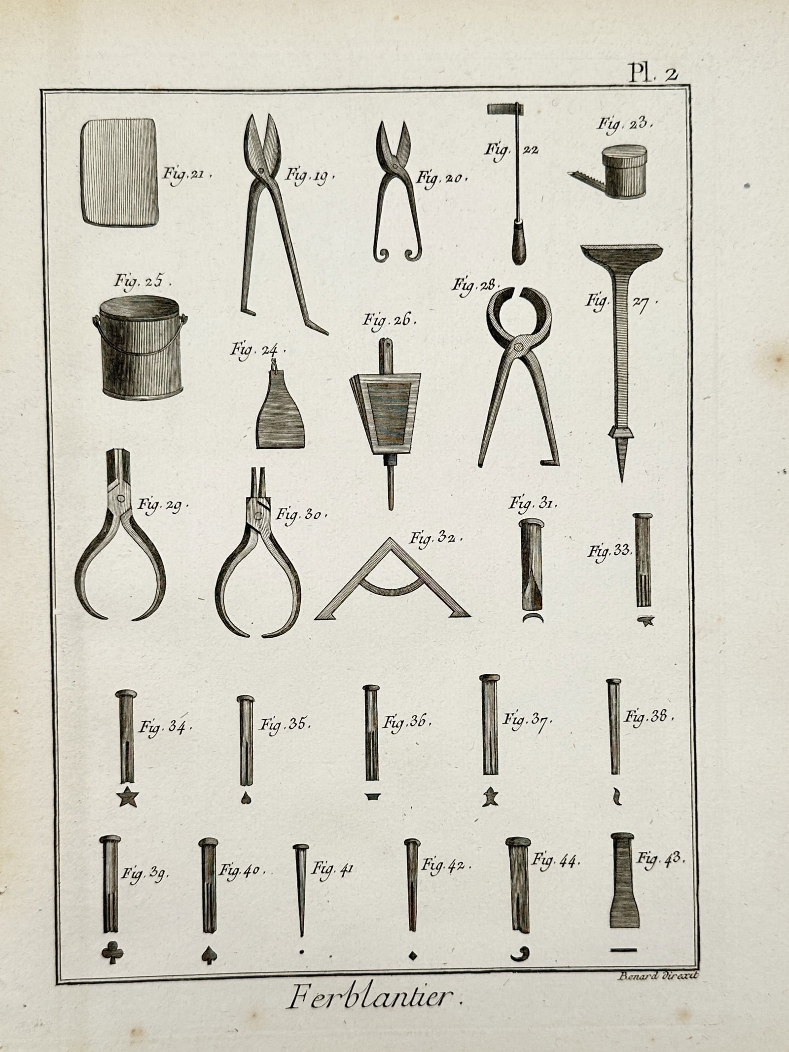 Robert Benard (1734–1777) – Tools and Implements of the Tinsmith – Copper engraving (1767): "Ferblantier" displays a specialized array of tools used by a tinsmith, including shears, snips, hammers, anvils, and various punches for embossing patterns like stars and clubs. The plate serves as a