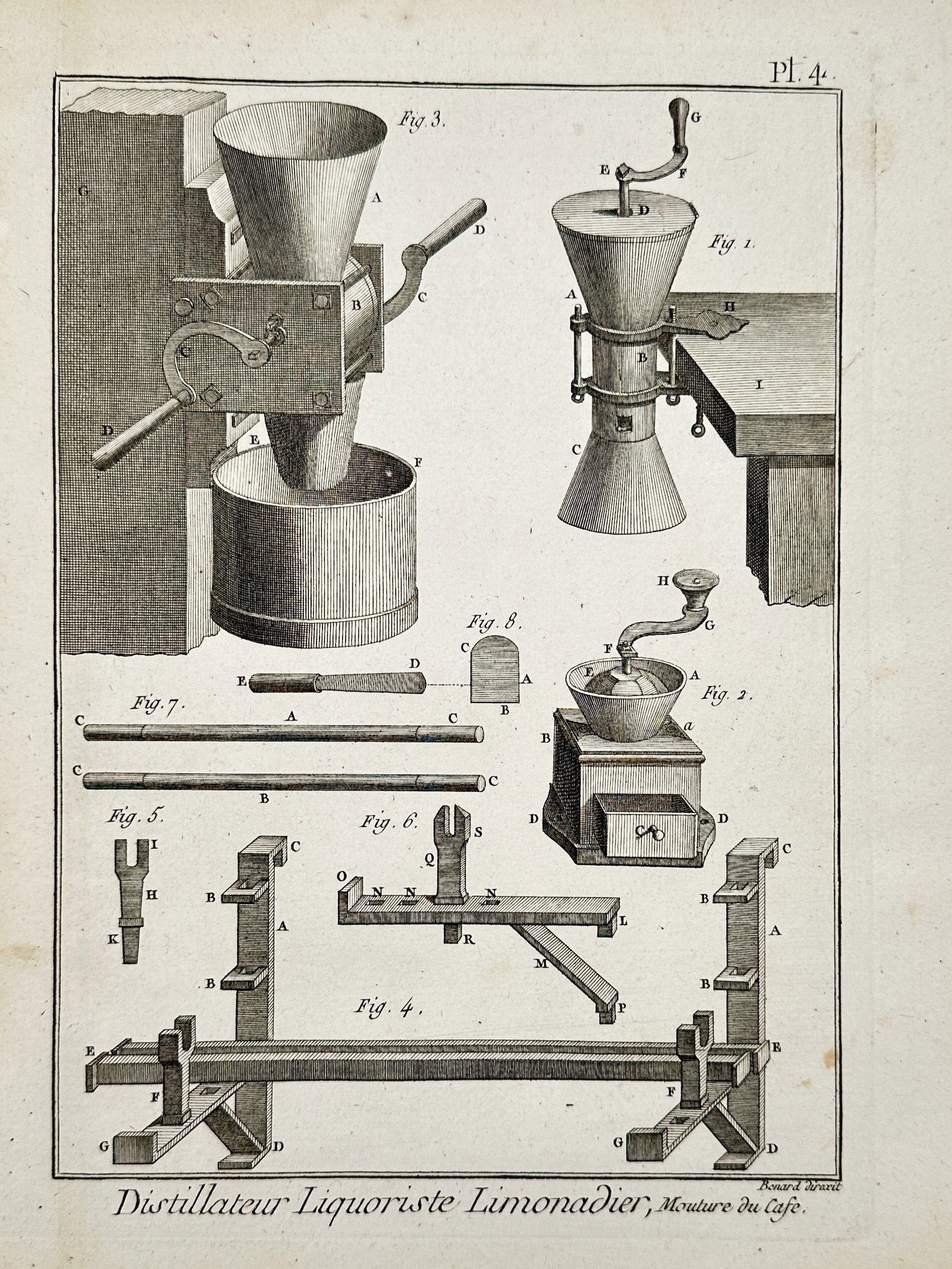 Robert Benard (1734–1777) – Tools and Grinders for the Liquorist and Coffee Maker: "Distillateur Liquoriste Limonadier, Moulure du Cafe" showcases the specialized equipment used in 18th-century beverage production, specifically focusing on coffee grinding machinery. The plate illust