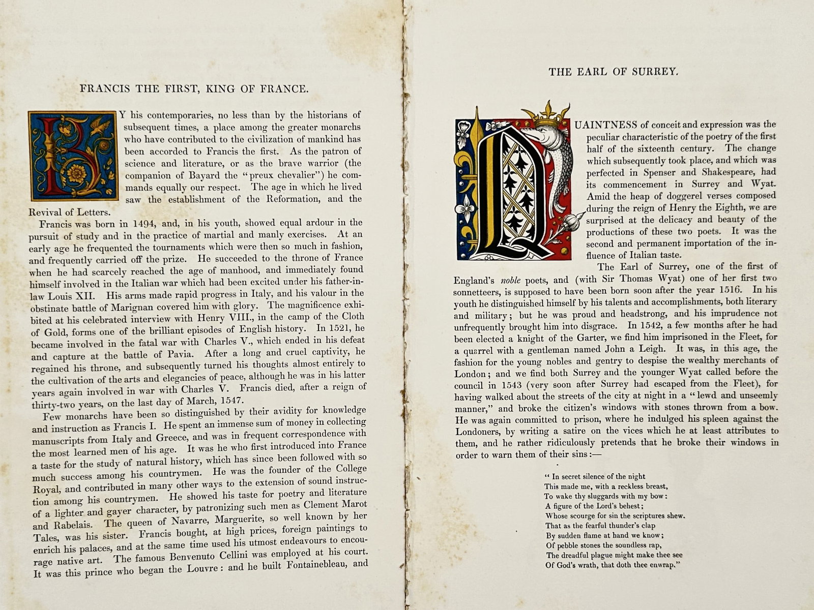 Henry Shaw (1800–1873) – Set of 2: Biographies of Francis I and the Earl of Surrey: "Francis the First, King of France" and "The Earl of Surrey" are presented as a set of biographical text pages, each distinguished by a large, ornate illuminated initial letter. The letter B for the F