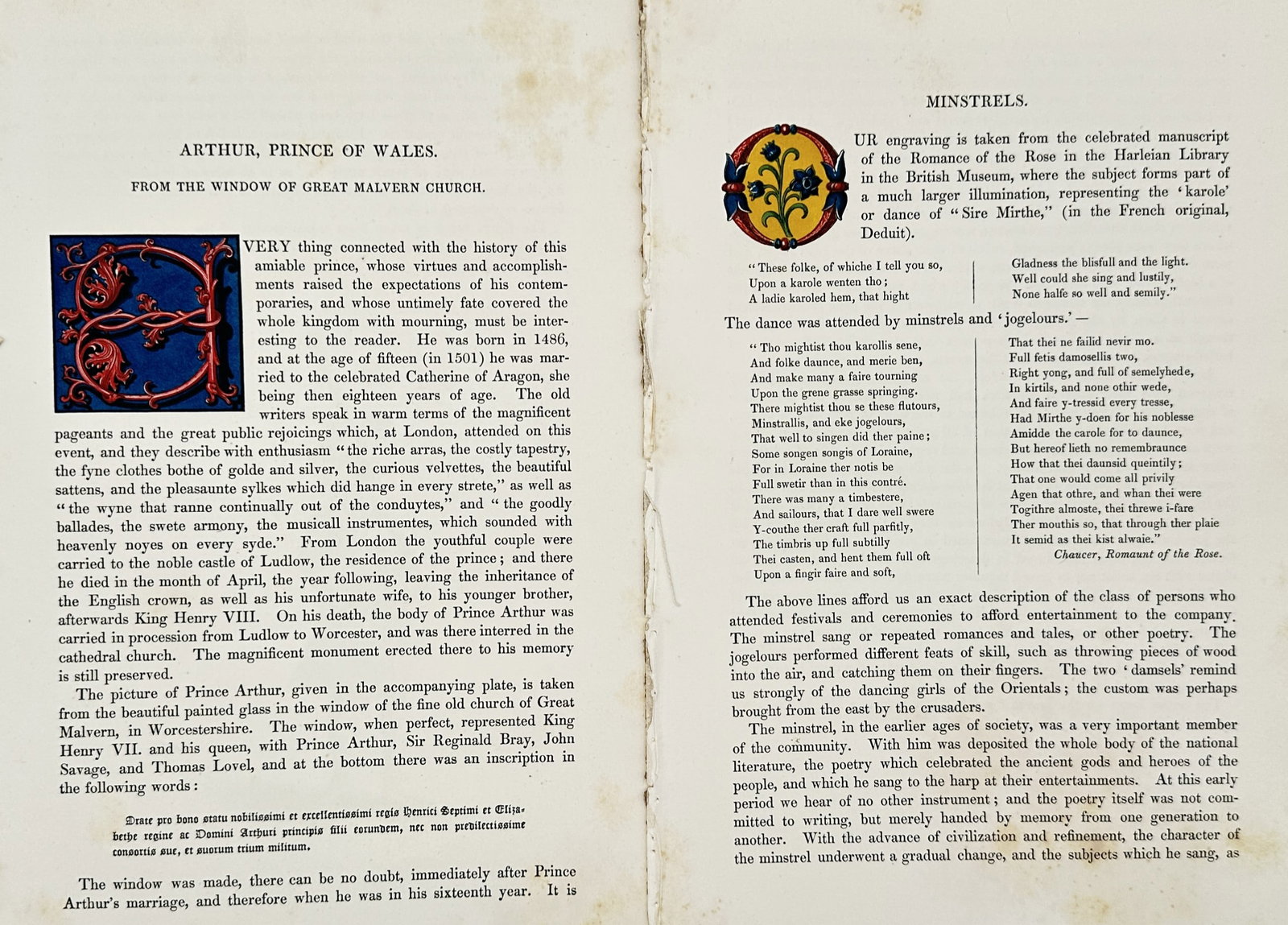 Henry Shaw (1800–1873) – Set of 2: Biography of Prince Arthur and History of Minstrels: "Arthur, Prince of Wales" and "Minstrels" are presented as a set of two descriptive pages featuring elaborate illuminated initials. The text for Prince Arthur begins with a decorative letter E in red 