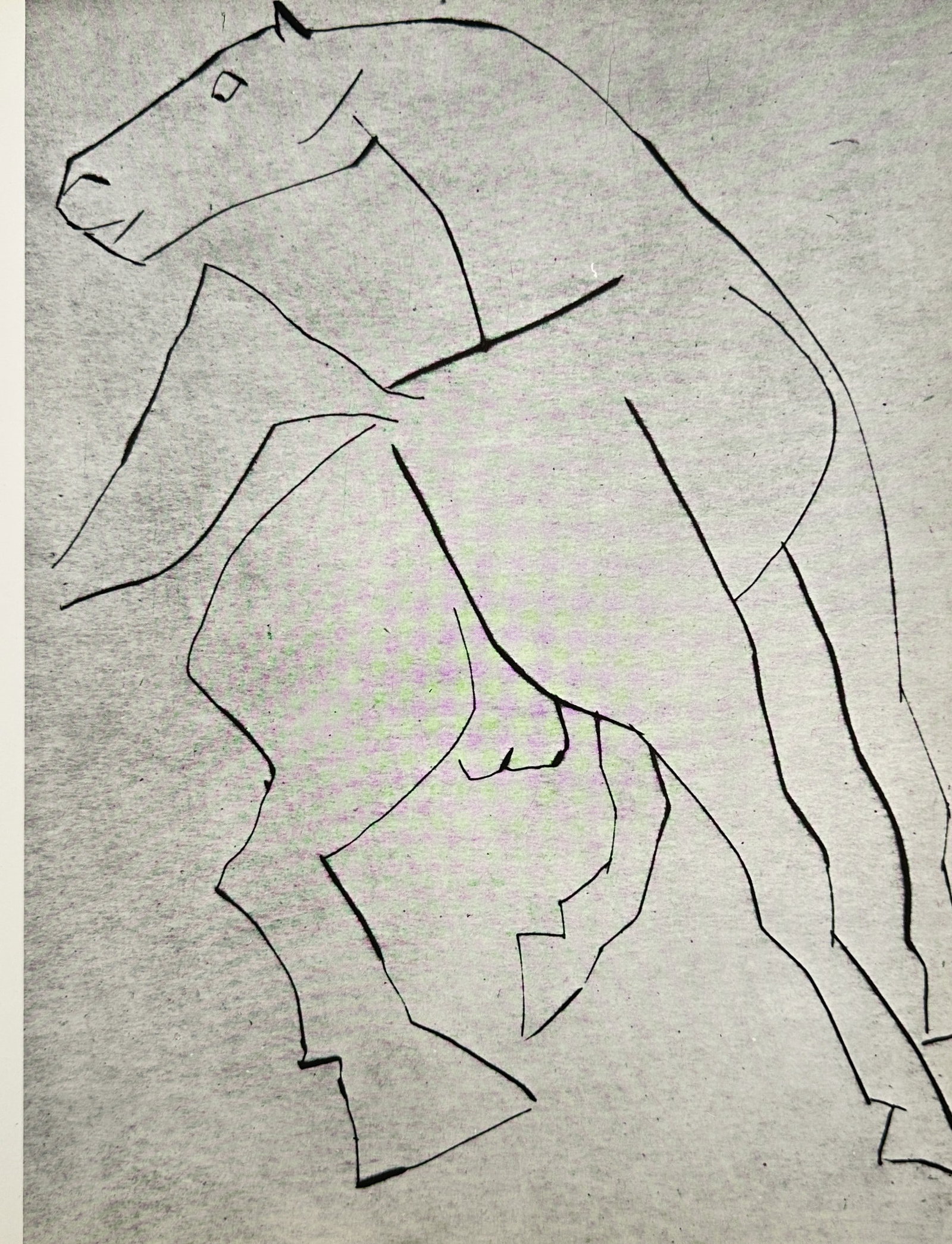 Pablo Picasso (1881–1973), after – Horse – Offset print (20th Century): "Horse" features a minimalist, linear composition of a stallion rendered with sharp, angular black outlines against a neutral grey background. The work demonstrates the artist's ability to convey move