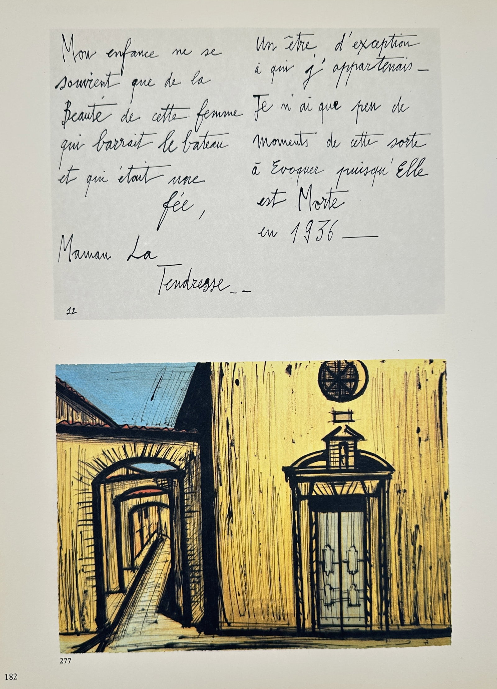 Bernard Buffet (1928–1999), after – Courtyard with Arches and Text – Offset print (20th: "Maman La Tendresse" consists of a page featuring handwritten French text above a colourful architectural scene. The imagery depicts a yellow-walled courtyard with a series of receding arched walkways