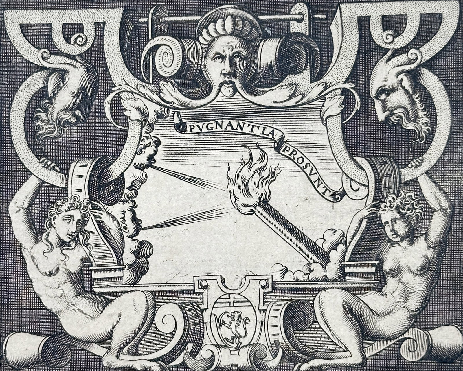 Girolamo Ruscelli (1504–1566) – Portrait of Ottavio Puro Magonio – Etching (1566): "Ottavio Puro Magonio, Cavalier di San Stefano" is featured within an ornate cartouche supported by allegorical figures and grotesque masks. The central emblem depicts a lit torch between two blowing 