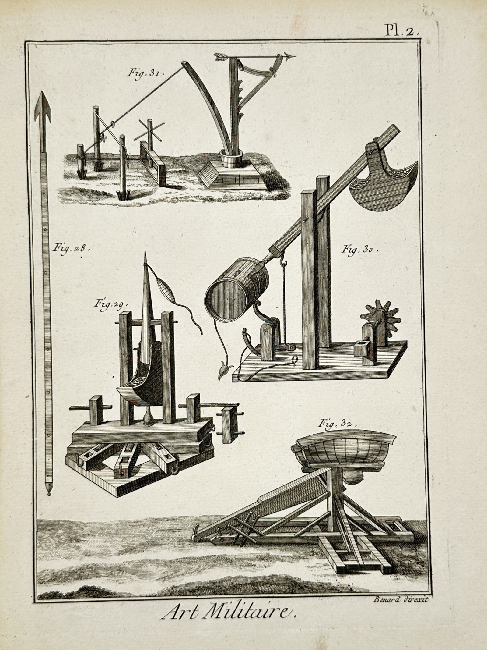 Robert Benard – Studies of Military Siege Engines – Copper engraving (1768): "Art Militaire" illustrates several types of ancient and medieval siege machinery, including catapults and ballistic devices designed for launching projectiles. The plate depicts various mechanical fr