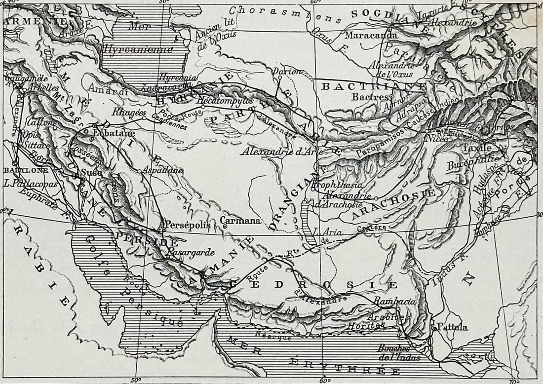 Victor Duruy – Map of Alexander the Great's Itinerary from the Tigris to the Indus – Wood: "Itinéraire d'Alexandre du Tigre à l'Indus" illustrates the expansive eastern campaigns of Alexander the Great across the Persian Empire. The map details the geographical progression through ancient