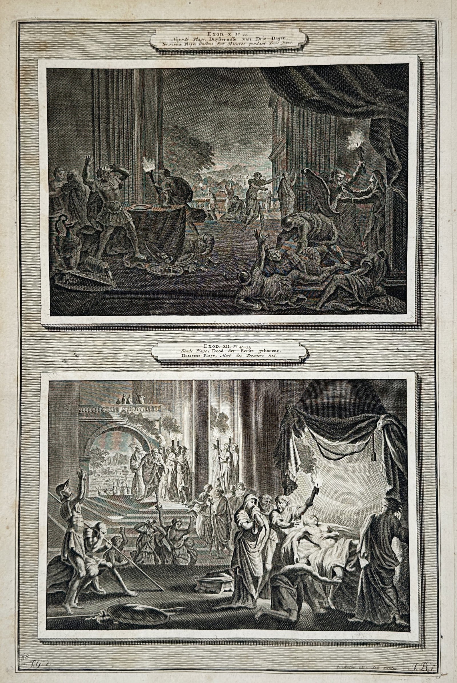 Pieter Mortier – The Tenth Plague: Death of the Firstborn – Etching and engraving (c. 1700): The plate contains two distinct biblical scenes from the book of Exodus, specifically illustrating the tenth plague of Egypt. The upper register depicts the chaos and grief within Egyptian households 
