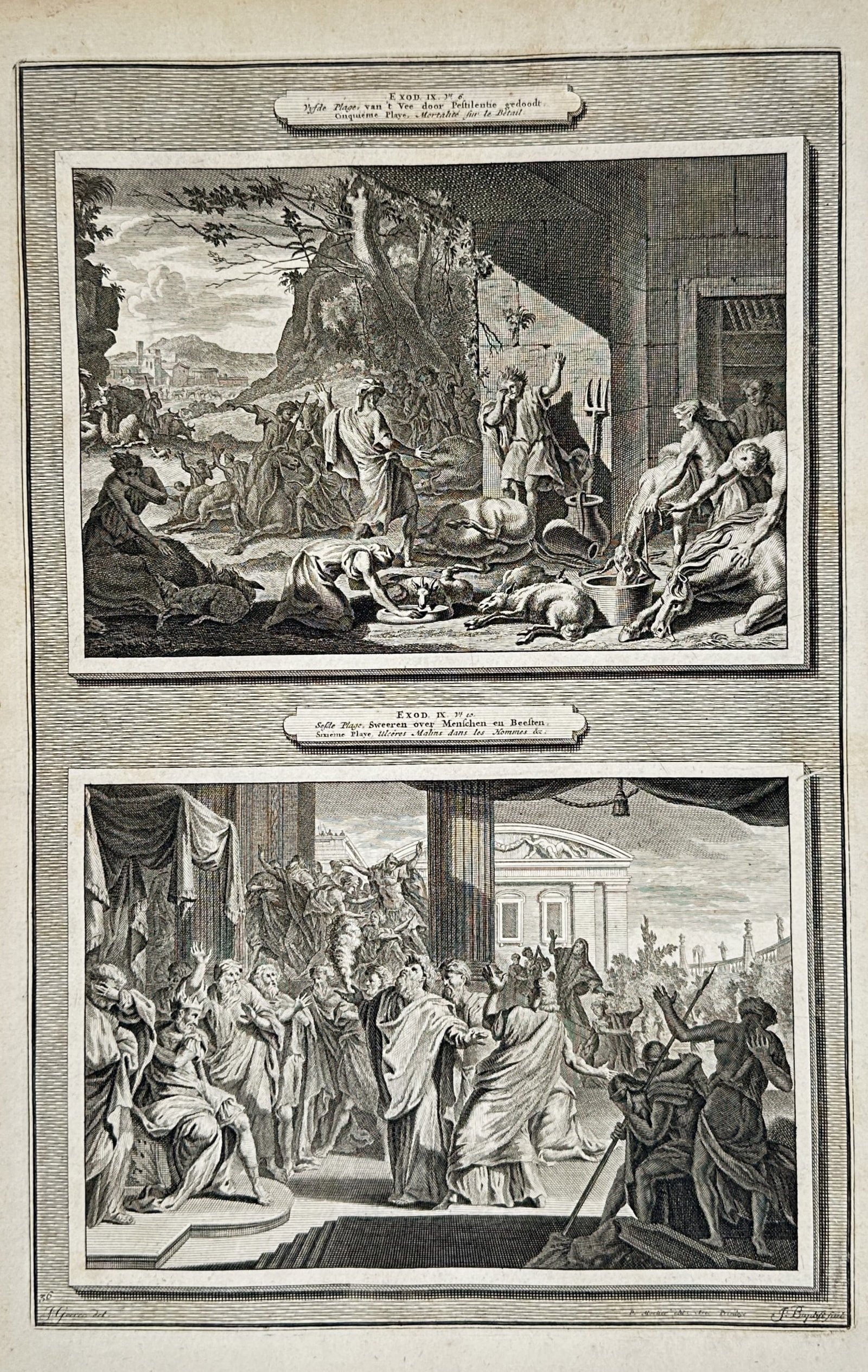 Pieter Mortier – Biblical Scenes of the Fifth Plague and Moses Before Pharaoh – Etching: "Exod. IX. v. 3. & Exod. X. v. 1." contains two registers illustrating the fifth plague of Egypt involving the murrain on livestock and a subsequent audience between Moses and Pharaoh in a classical p
