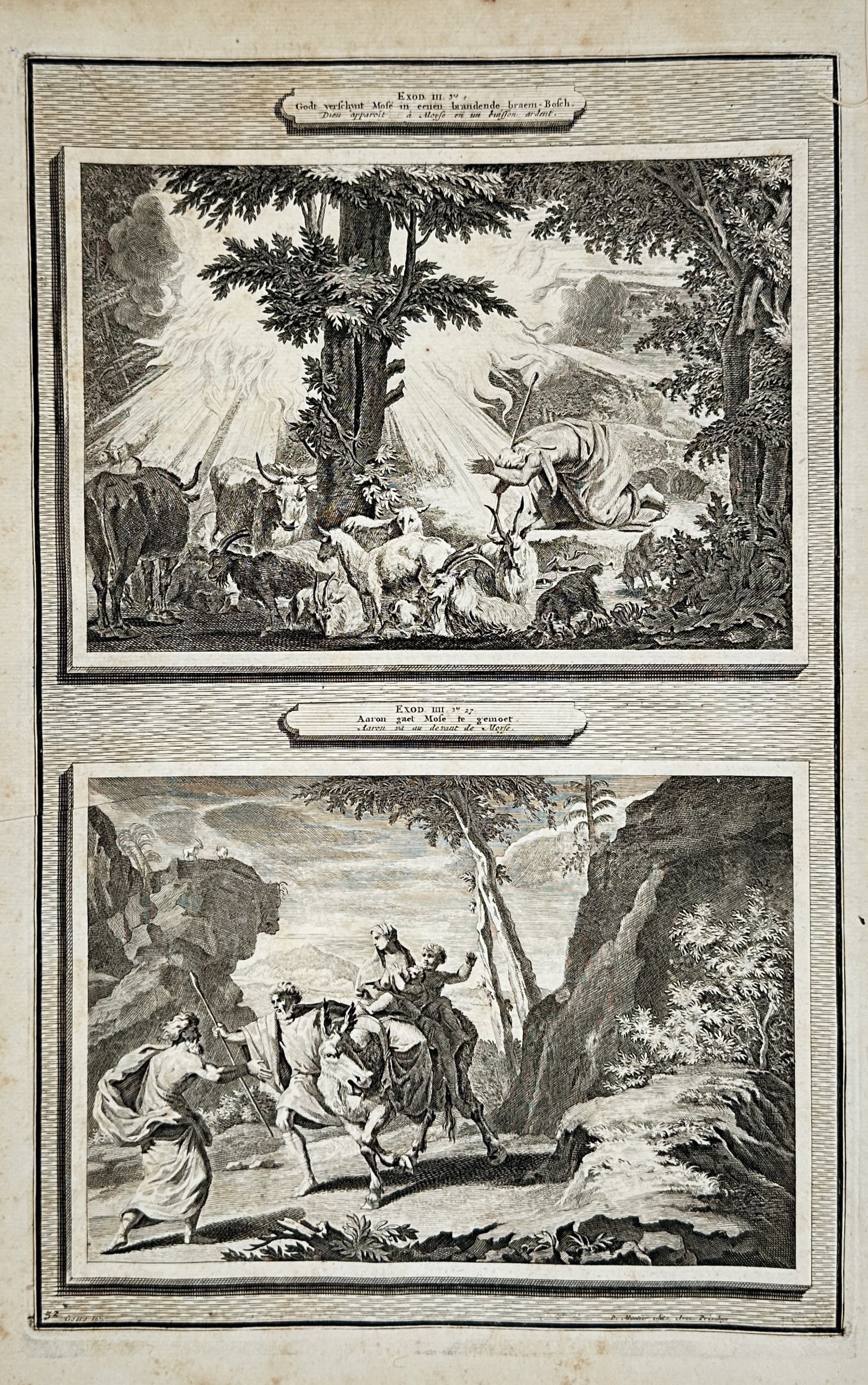 Pieter Mortier – Moses and the Burning Bush with the Journey to Egypt – Etching and engraving: "Exod. III. v. 2. & Exod. IV. v. 20." contains two registers depicting the calling of Moses and his subsequent return to Egypt. The upper scene in IMG_8130.jpg illustrates the Burning Bush on Mount Ho