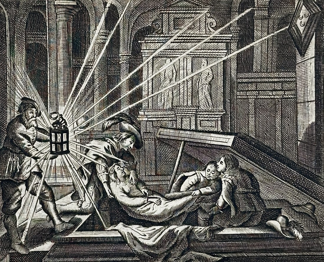 Jan Luyken (1649–1712) – The Alchemist in his Laboratory – Etching (1711): "Graf-Houwelick" depicts an alchemist or scholar working within a cluttered interior filled with books, scientific instruments, and a large hearth. The central figure is seated at a table, leaning for