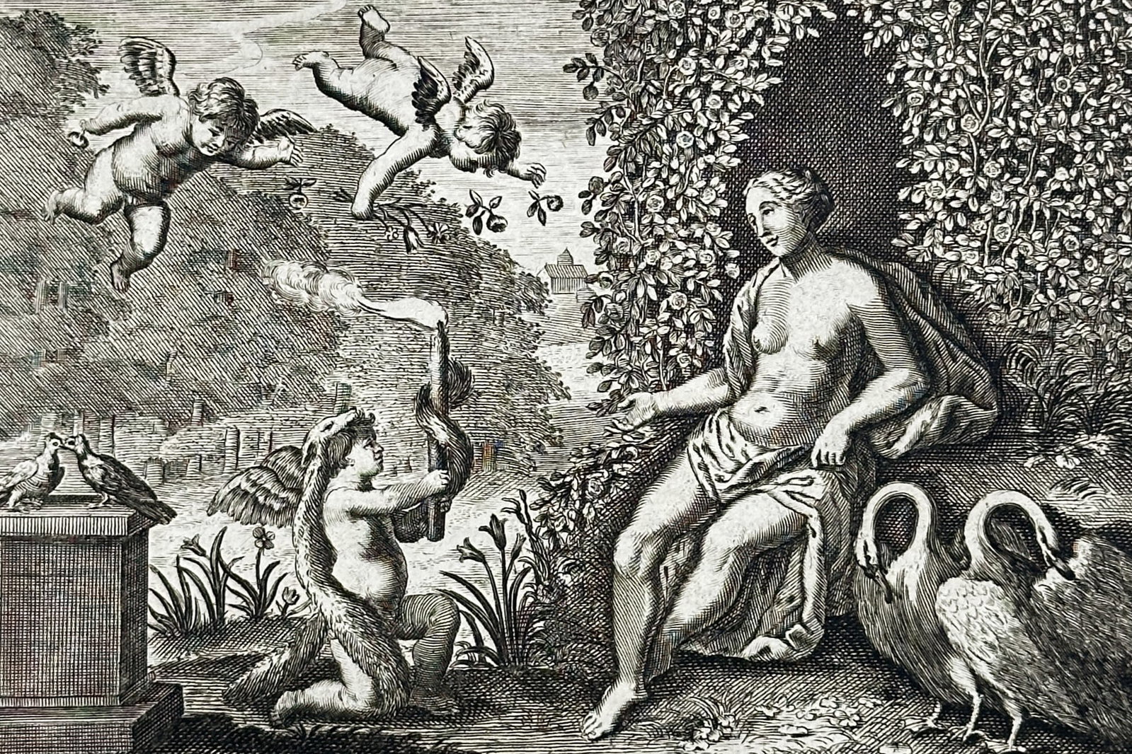 Jan Luyken (1649–1712) – Venus and Cupid in a Grotto – Etching (1711): "Liefdes Vosse-Vel" depicts a mythological scene featuring Venus reclining within a lush, vine-covered grotto accompanied by two swans. To the left, a youthful Cupid or satyr-like figure blows into a 