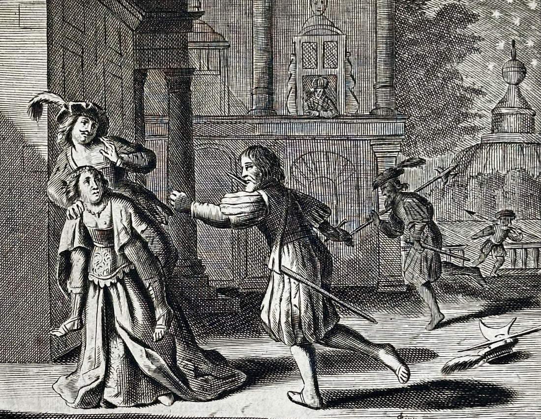 Jan Luyken (1649–1712) – Scene of Romantic Rescue – Etching (1711): "Mandragende Maeght" depicts a dramatic nocturnal scene where a man carries a woman across a courtyard, while other figures watch from a doorway and a window in the background. The composition is set 