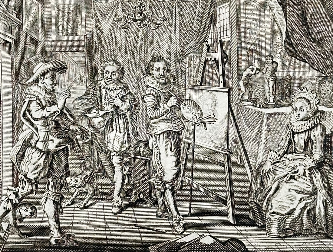 Jan Luyken (1649–1712) – The Painter in his Studio – Etching (1711): "Bruyt" depicts an artist at work within a well-appointed studio, standing before an easel while holding his palette and brushes. A woman sits for her portrait in the background, while two male visito