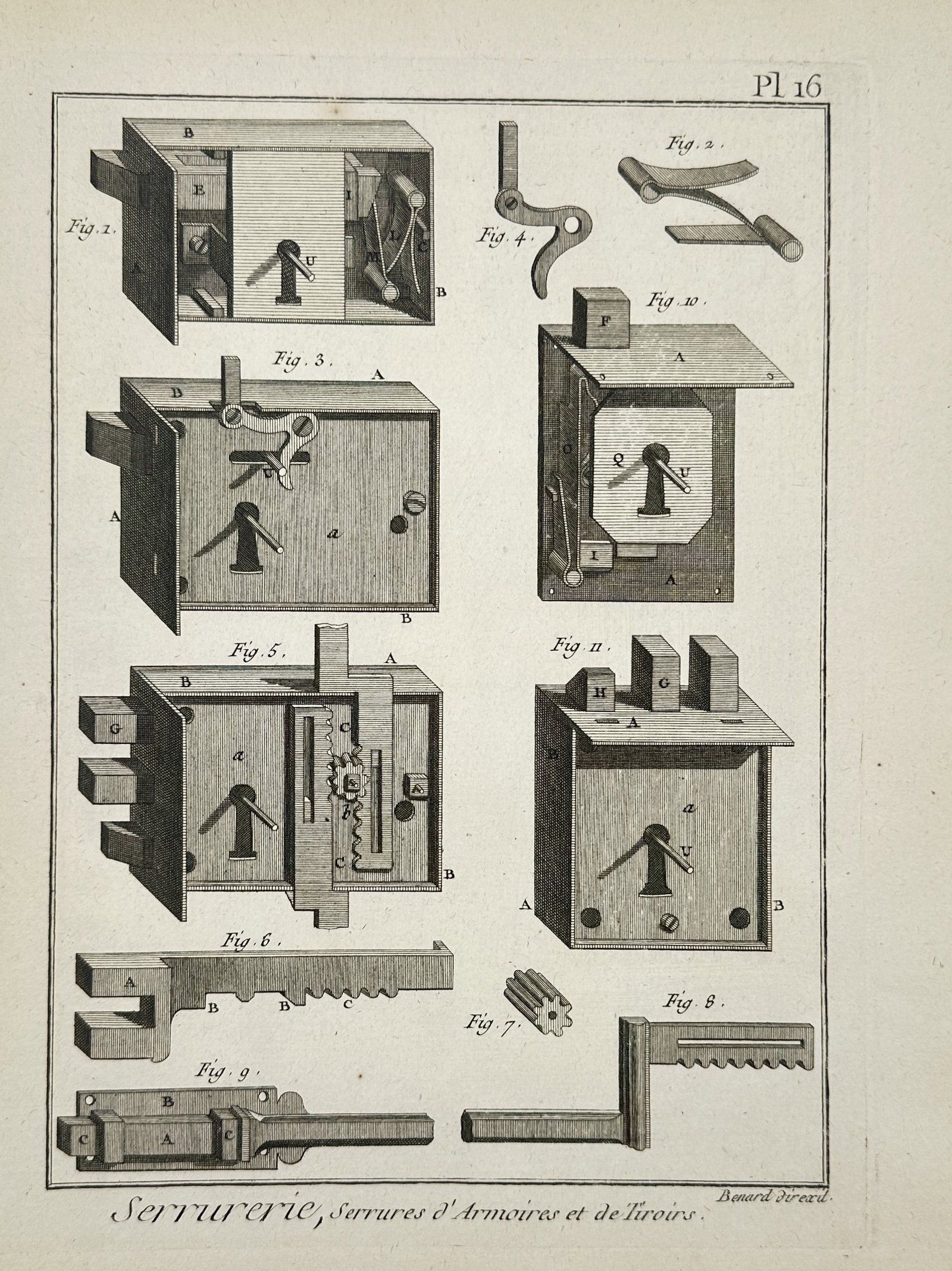 Robert Benard – Technical Study of Cabinet and Drawer Locks – Copper engraving (1751–1772): Serrurerie, Serrures d'Armoires et de Tiroirs illustrates the mechanical inner workings of various 18th-century locking mechanisms designed for cabinets and drawers. The engraving provides detailed pe