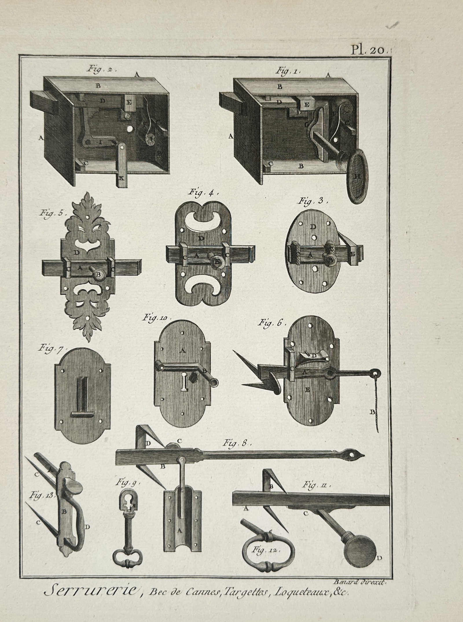 Robert Benard – Technical Study of Latches, Bolts, and Door Hardware – Copper engraving: Serrurerie, Bec de Cannes, Targettes, Loqueteaux, &c. illustrates the mechanical components and decorative plates of various door fasteners and locking hardware common in the eighteenth century. The e