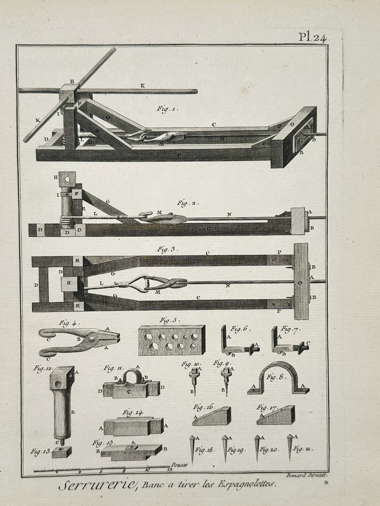 Robert Benard – Technical Study of a Drawbench for Espagnolette Bolts – Copper engraving (1 of 2)