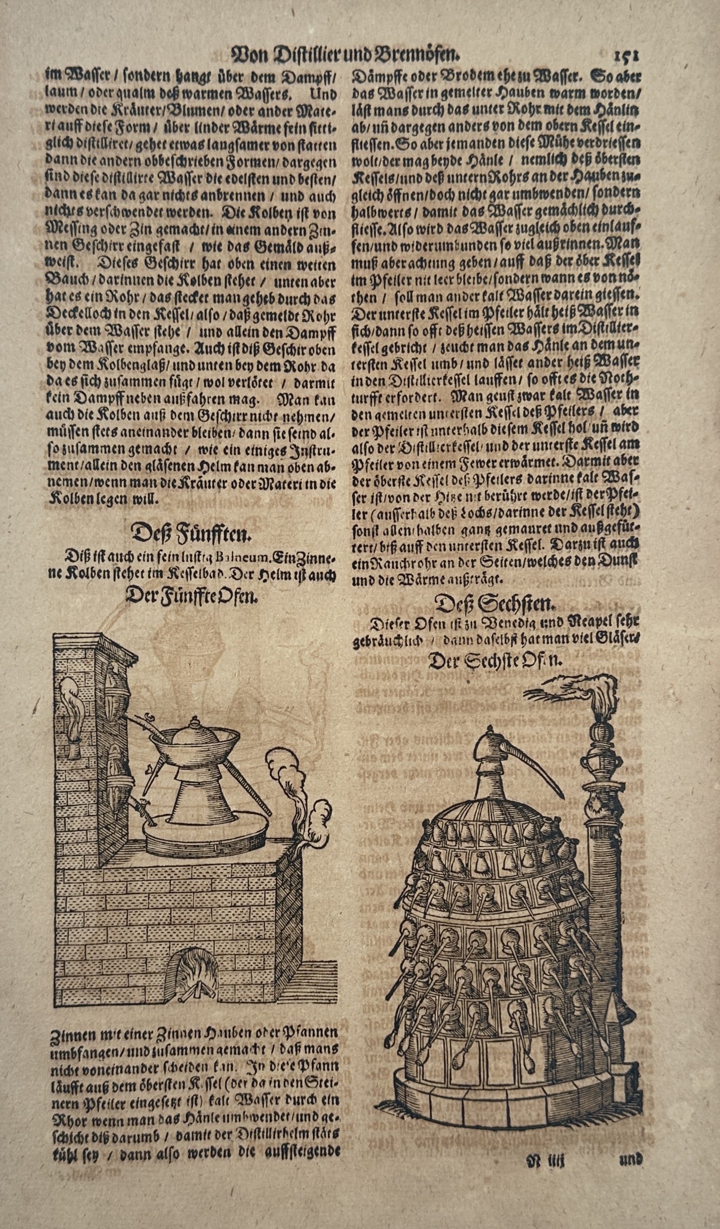 Pietro Andrea Mattioli (1501-1577) – Alchemical Distillation Furnaces – Woodcut (1586): "Von Distillier und Brennöfen" is a technical woodcut illustrating two complex distillation apparatuses used for chemical and medicinal preparations as seen in IMG_8520.jpg. The page features a five-