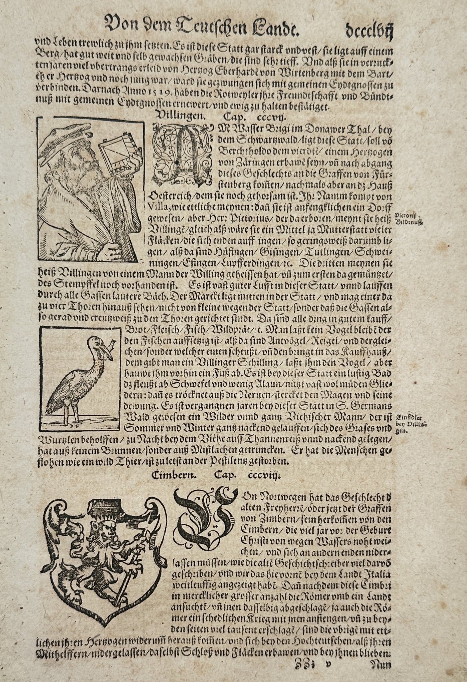 Sebastian Munster (1488-1552) – Chronicles of Villingen and the Cimbri – Woodcut (1550) (1 of 2)