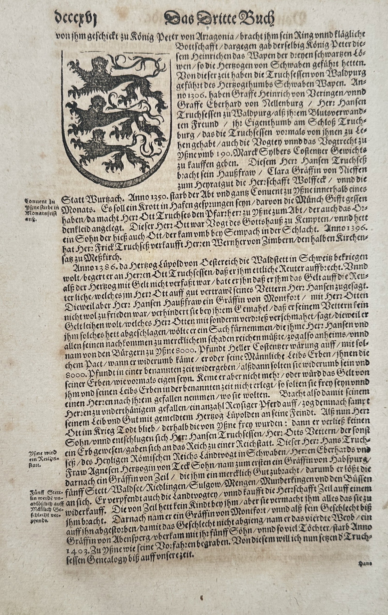 Sebastian Munster (1488-1552) – Chronicles of the House of Waldburg and Swabian Heraldry: "Das Dritte Buch" is a historical woodcut page documenting the lineage and coat of arms of the Truchsess von Waldburg family within the Swabian region. The leaf displays a heraldic shield featuring tw