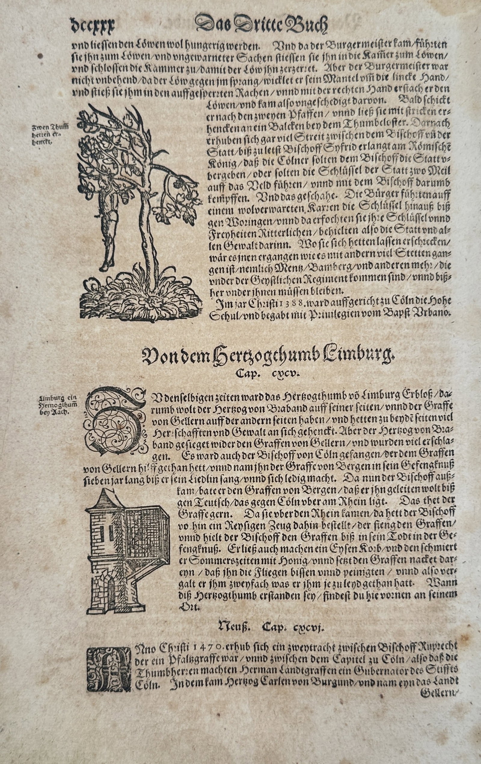 Sebastian Munster (1488-1552) – Chronicles of the Duchy of Limburg and Neuss – Woodcut (1550): "Von dem Hertzogthumb Limburg" is a historical woodcut page documenting regional events in the Duchy of Limburg and the city of Neuss. The leaf features two distinct woodcut illustrations: the upper i