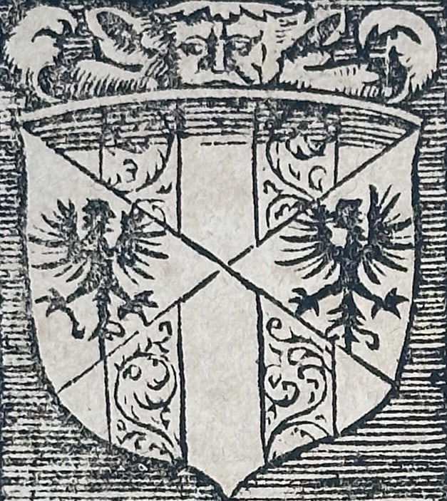Sebastian Munster (1488-1552) – Description of Sicily and Italian Heraldry – Woodcut (1550): "Von Italia" is a historical woodcut page describing the geography and history of Sicily and its connection to mainland Italy. The leaf features a heraldic shield in the upper left corner and a detail