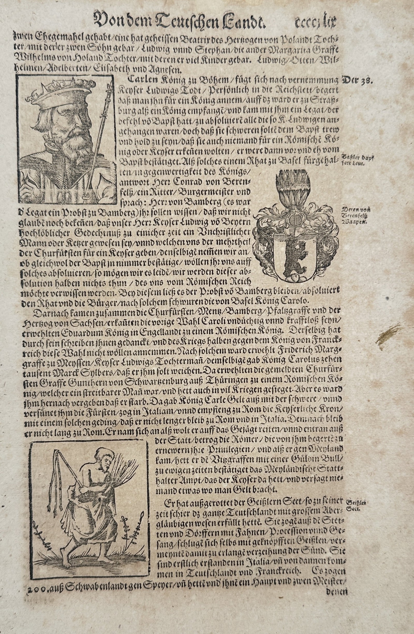 Sebastian Munster (1488-1552) – Chronicles of Charles King of Bohemia and Flagellants – Woodcut: "Von dem Teutschen Landt" is a historical woodcut page featuring a portrait of Charles, King of Bohemia, alongside the heraldic coat of arms of the Baron of Brennberg and a depiction of a flagellant. 