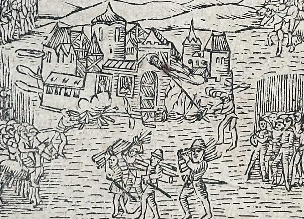 Sebastian Munster (1488-1552) – The Sack of Rome – Woodcut (1550): "Rom wird von den Keyserischen eyngenommen" is a historical woodcut page documenting the 1527 Sack of Rome. The leaf features a central woodcut illustration depicting soldiers in Renaissance armor and