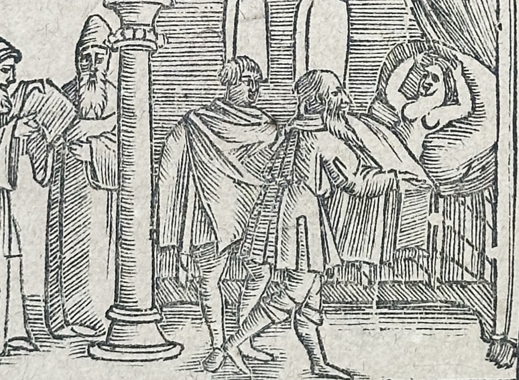 Sebastian Munster (1488-1552) – History of Aquileia and Patriarchal Lists – Woodcut (1550): "Das Ander Buch" is a historical woodcut page documenting the city of Aquileia and the ecclesiastical hierarchy of the region. The leaf contains two detailed lists of patriarchs and bishops in the upp