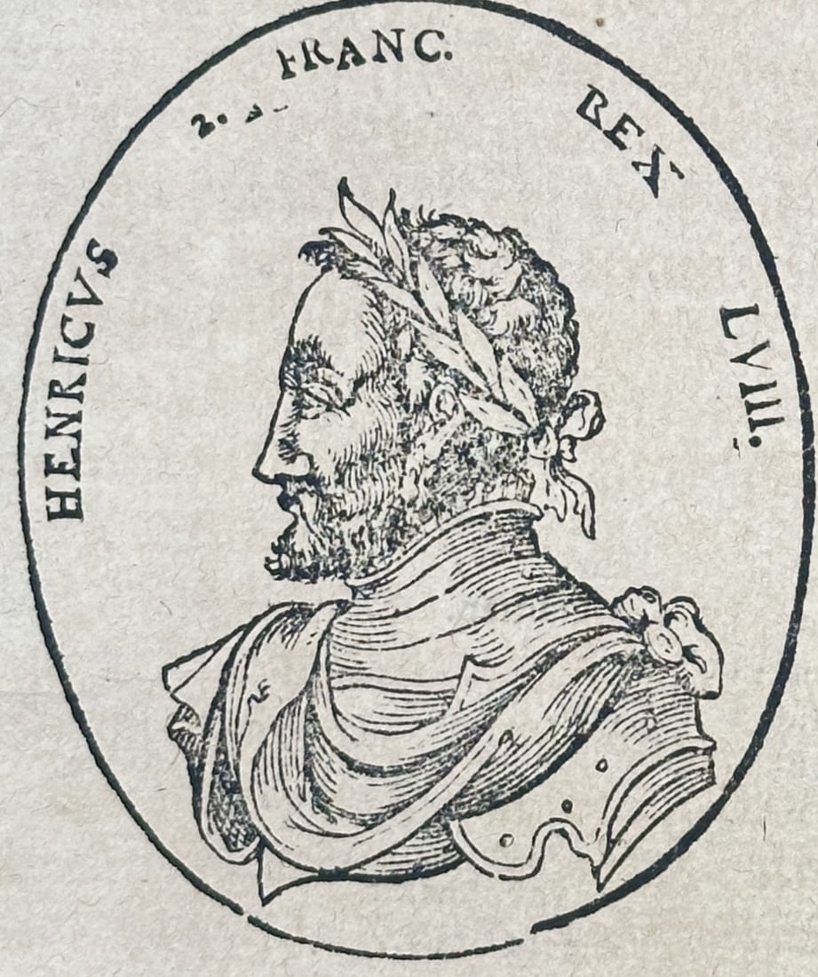 Sebastian Munster (1488-1552) – Portrait of King Henry II of France and Chronicles of Gaul: "Von Gallia" is a historical woodcut page from a German edition of the Cosmographia, providing an account of French history during the mid-sixteenth century. The leaf features a circular woodcut portr