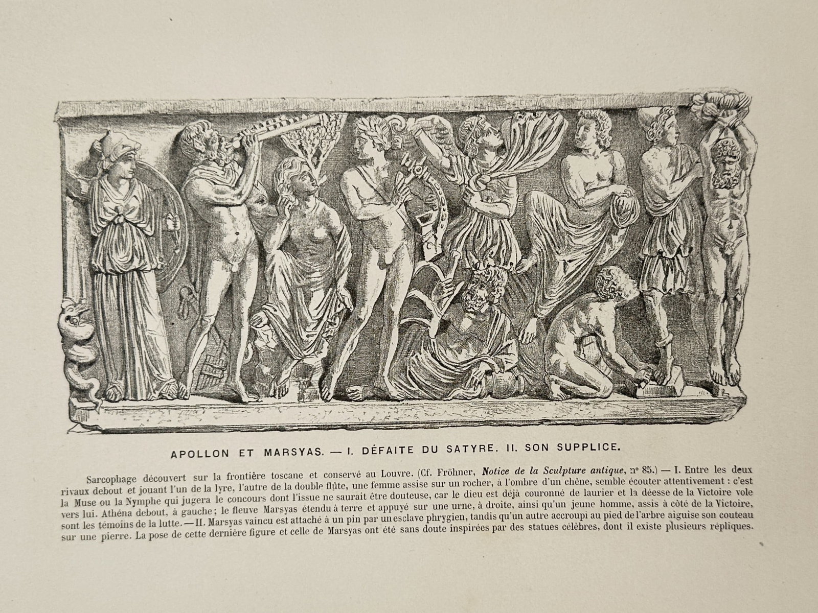 Victor Duruy (1811-1894) – Apollo and Marsyas – Woodcut (1880): "Apollon et Marsyas" is a detailed woodcut depicting a scene from a classical sarcophagus discovered on the Tuscan frontier and preserved in the Louvre. The illustration captures the musical contest b