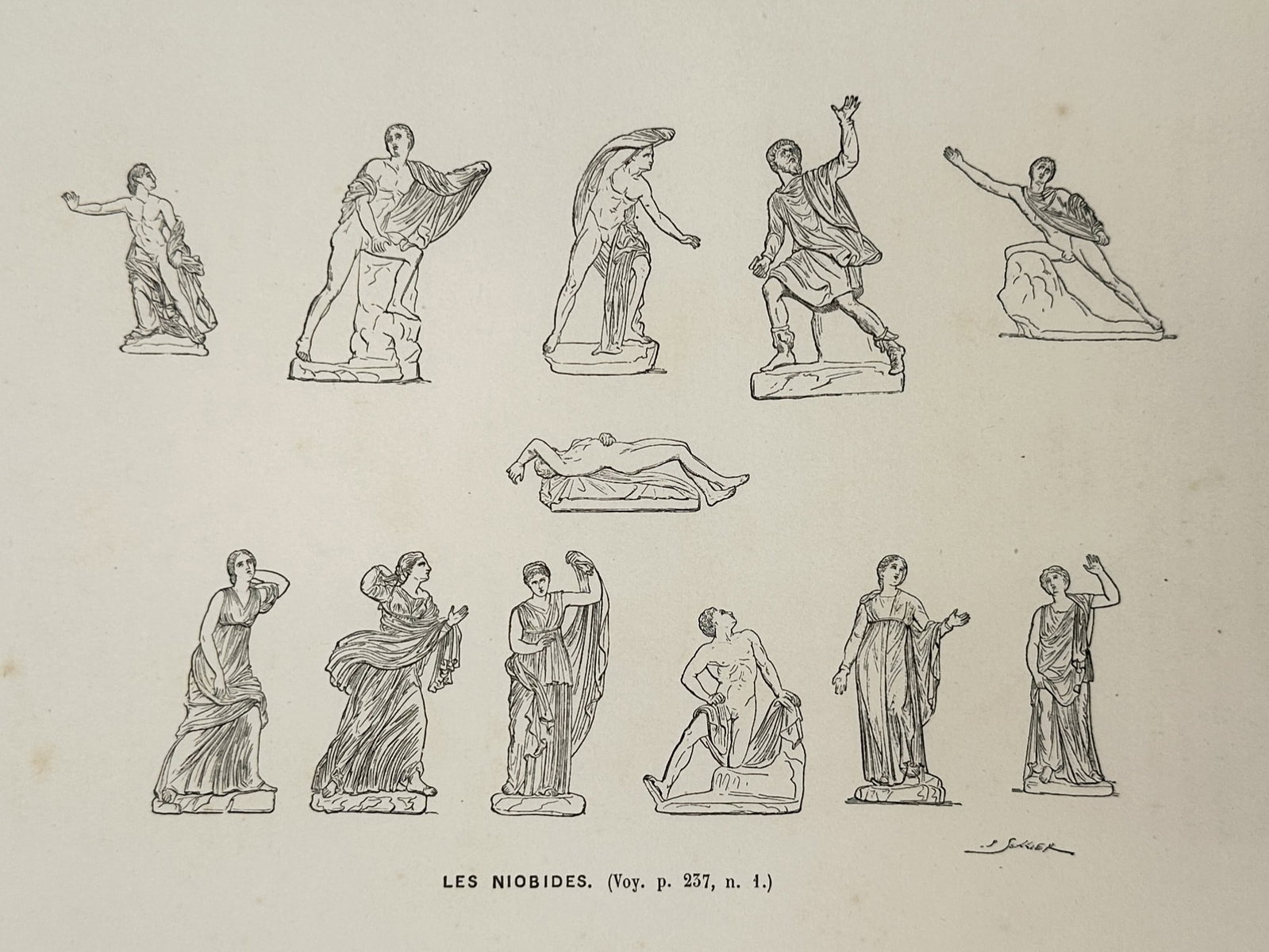 Victor Duruy (1811-1894) – Studies of the Niobides – Woodcut (1880): "Les Niobides" is a woodcut illustrating a collection of ancient sculptures representing the children of Niobe in various states of distress and flight. The print appears in Victor Duruy’s comprehen