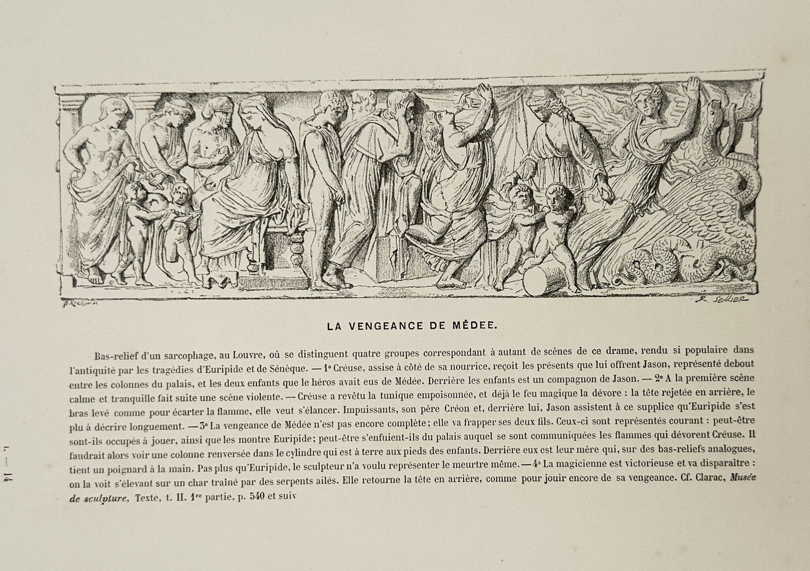 Victor Duruy (1811-1894) – The Vengeance of Medea – Woodcut (1880): "La Vengeance de Médée" is a woodcut depicting a bas-relief from a classical sarcophagus held at the Louvre. The scene captures four distinct groups representing the tragic drama of Medea as popular