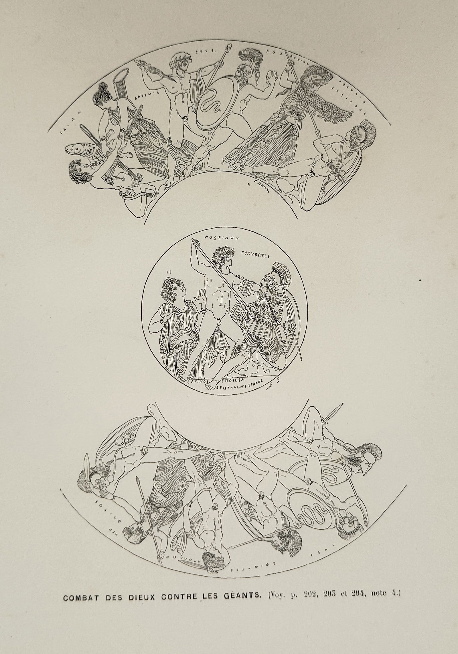 Victor Duruy (1811-1894) – Combat of the Gods Against the Giants – Woodcut (1880): "Combat des Dieux contre les Géants" is a woodcut illustrating the mythological Gigantomachy as depicted on ancient Greek pottery. The print displays three distinct compositional sections: a central 