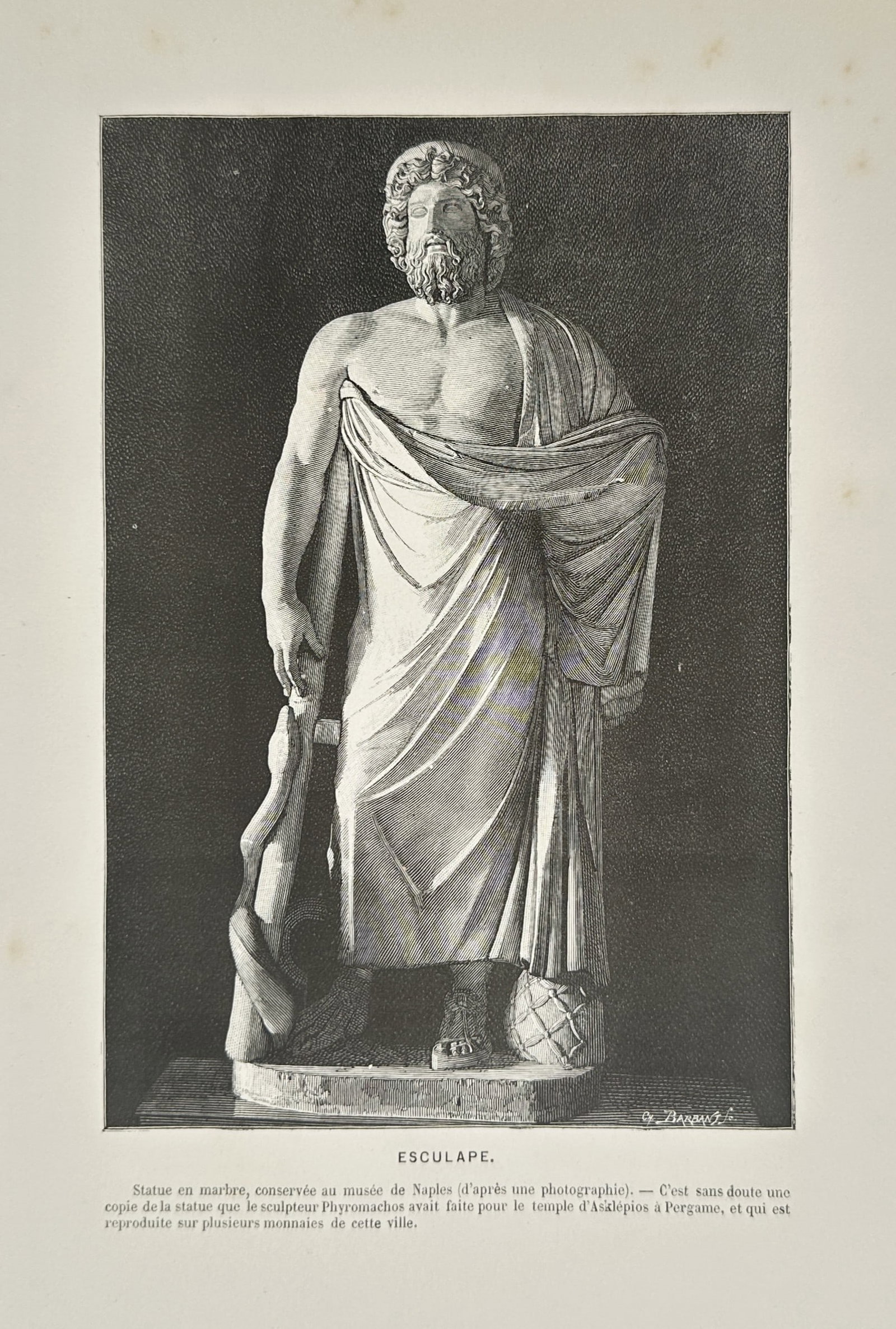 Victor Duruy (1811-1894) – Statue of Aesculapius – Woodcut (1880): "Esculape" is a woodcut illustrating a marble statue of Aesculapius, the god of medicine, preserved in the National Archaeological Museum of Naples. The print depicts the deity standing with his chara
