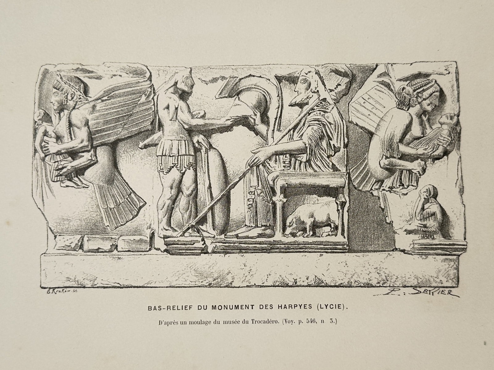 Victor Duruy (1811-1894) – Bas-relief of the Harpy Monument – Woodcut (1880): "Bas-Relief du Monument des Harpyes (Lycie)" is a woodcut illustrating a section of the decorative frieze from the Harpy Tomb at Xanthos in Lycia. The scene depicts a seated figure receiving an offeri