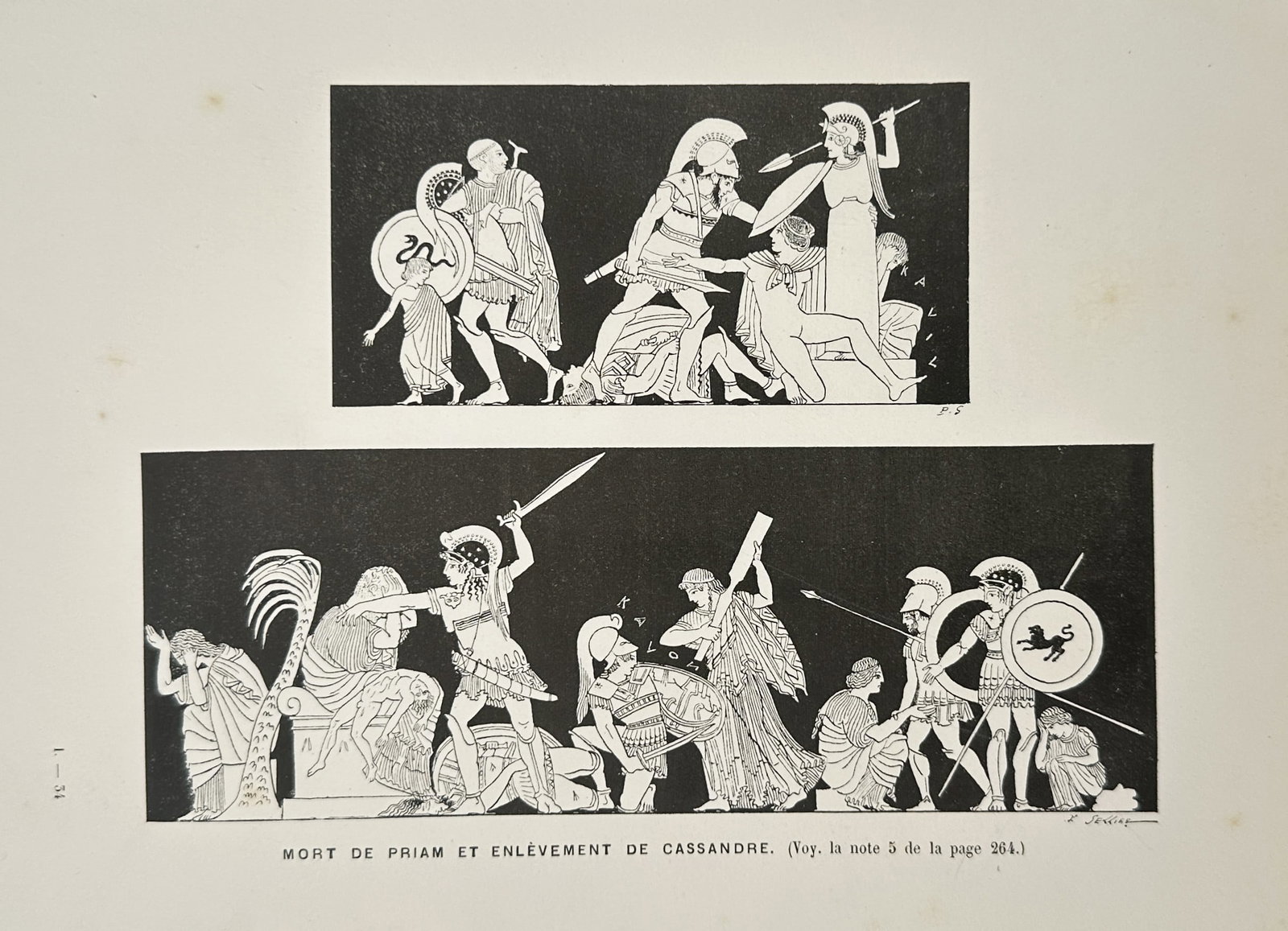 Victor Duruy (1811-1894) – Death of Priam and Abduction of Cassandra – Woodcut (1880): "Mort de Priam et enlèvement de Cassandre" is a woodcut illustrating scenes from the fall of Troy as depicted in classical Greek vase painting. The upper register shows the abduction of Cassandra by 