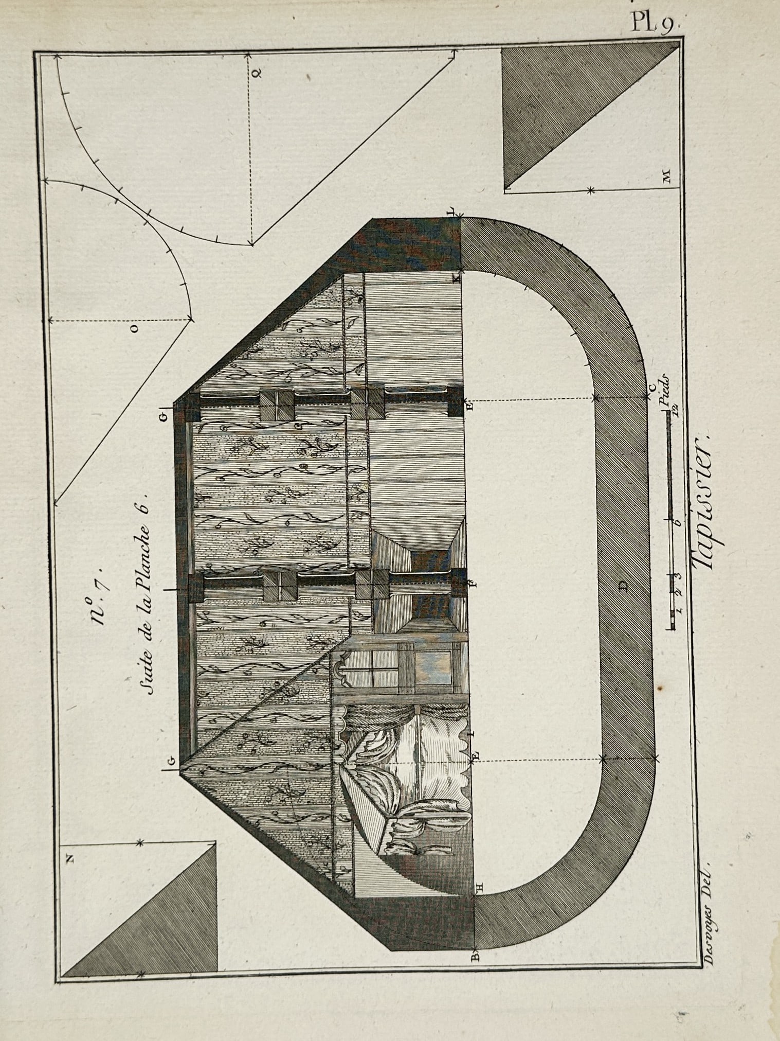 Robert Benard (1734-1777) – Interior Design: Upholstery and Wall Hangings – Engraving (1771): "Tapissier" is a technical engraving illustrating the application of wall coverings and upholstery within a domestic interior. The plate displays a cross-section of a room showing patterned wall hangi