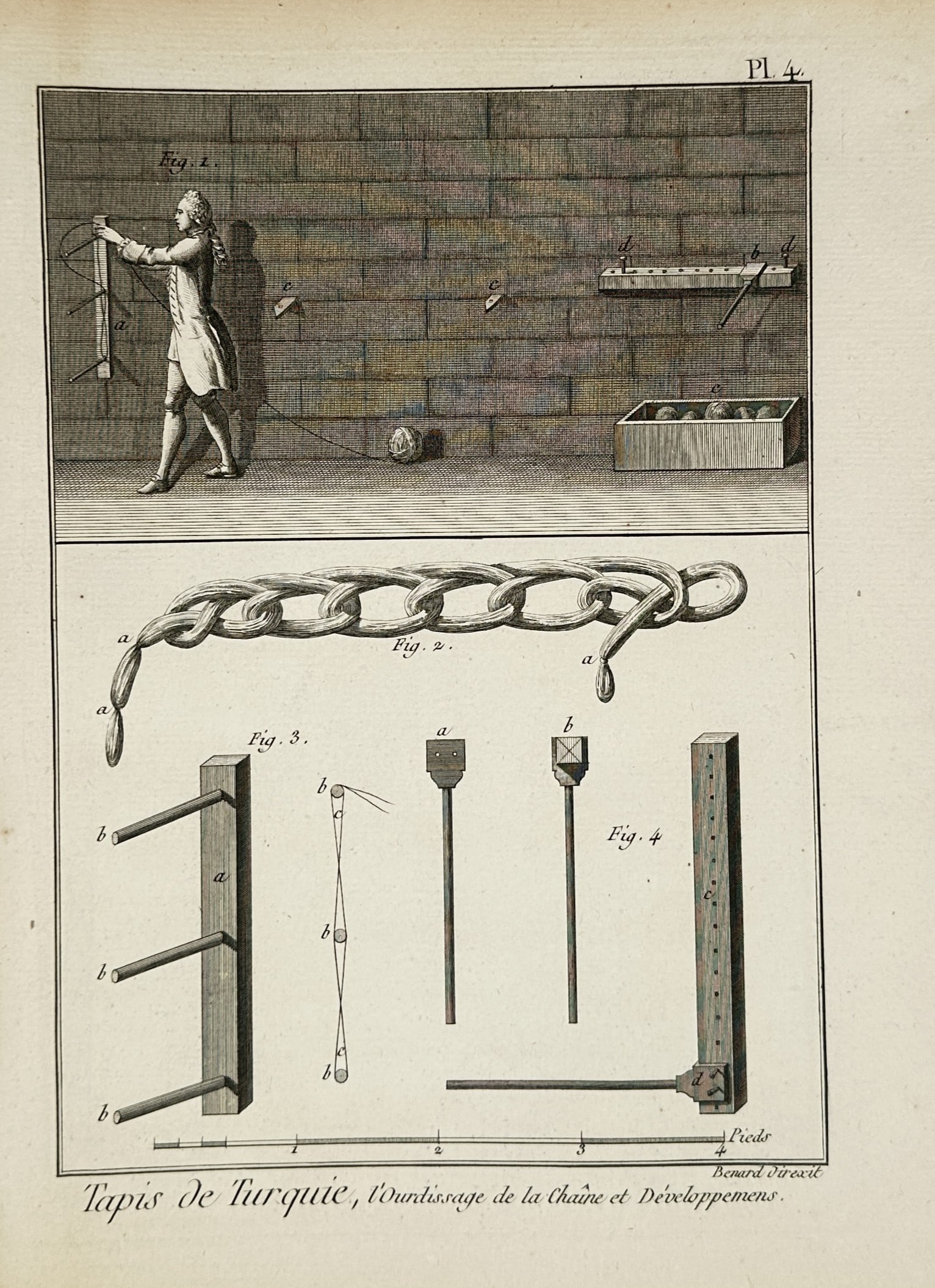 Robert Benard (1734-1777) – Turkish Carpets: Warping of the Chain and Developments – Engraving: "Tapis de Turquie, l'ourdissage de la chaîne et Développemens" is a technical engraving illustrating the initial stages of Turkish carpet production. The plate features an upper panel depicting a wo