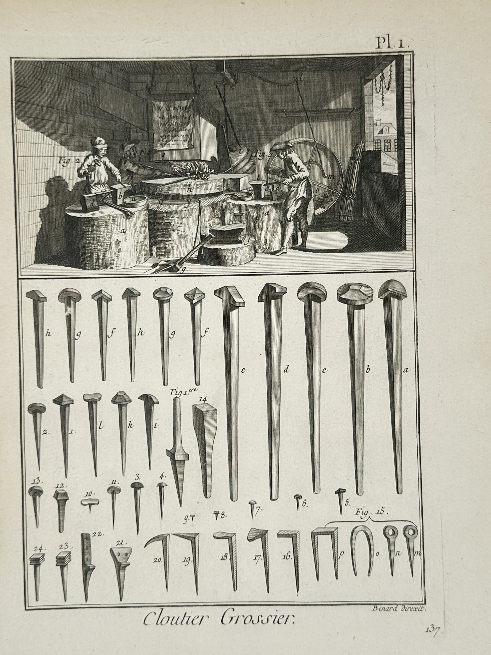 Robert Benard (1734-1777) – Technical Study of a Blacksmith Workshop and Nail Types – Engraving (1 of 2)