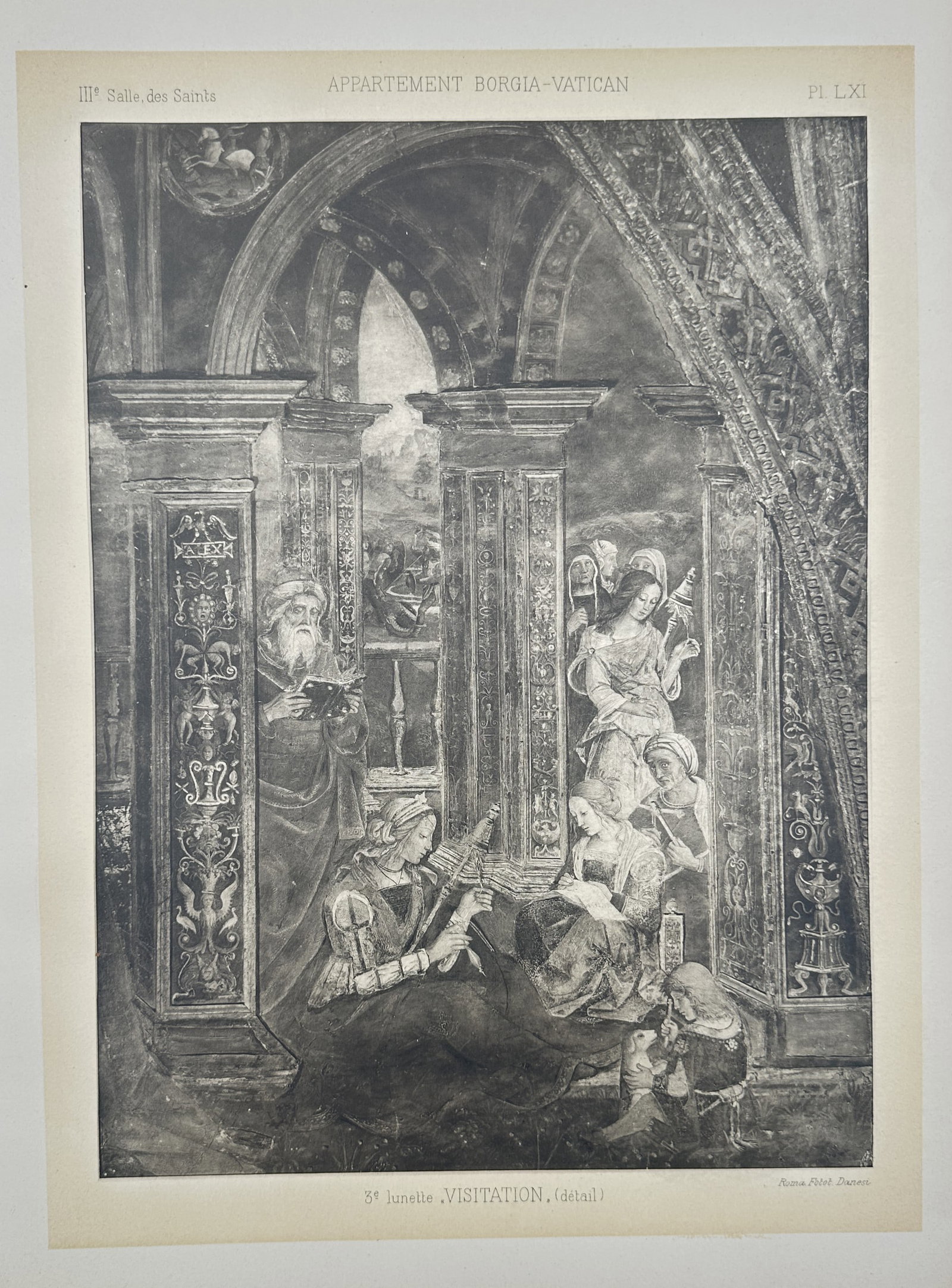 Pinturicchio, after – Detail of The Visitation – Photogravure (20th Century): "3e lunette. VISITATION. (detail)" This work presents a detailed scene from the Visitation fresco located in the Hall of the Saints within the Borgia Apartments of the Vatican. The print was published