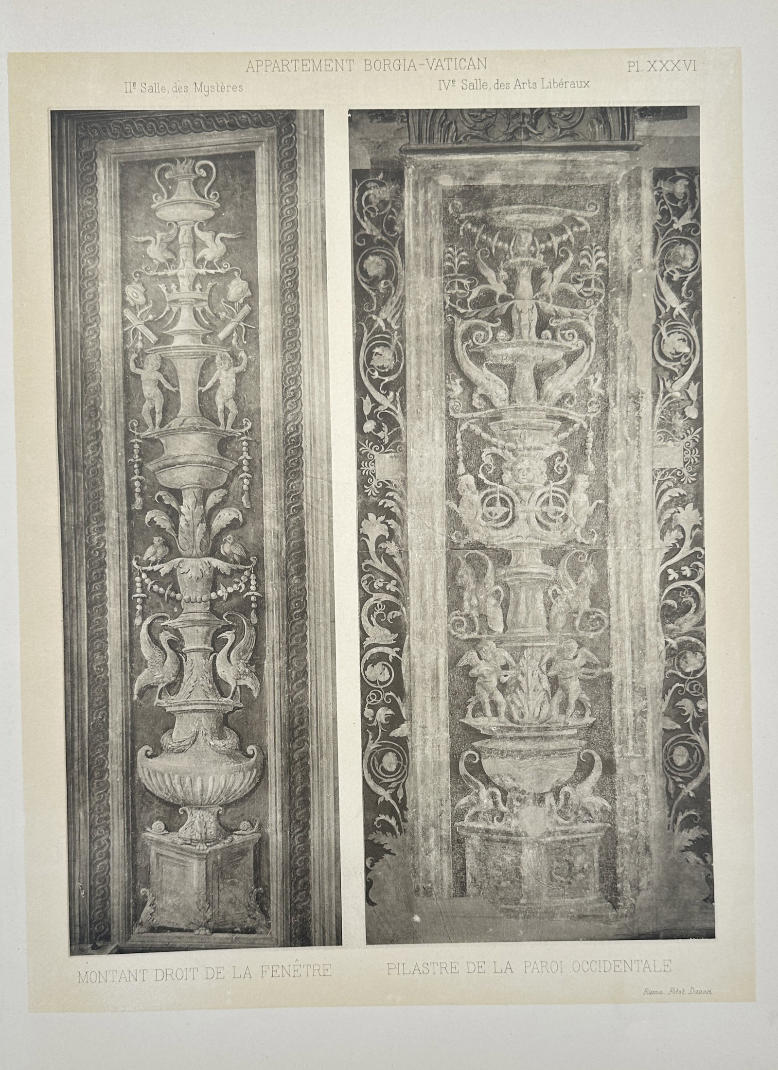 Pinturicchio, after – Architectural Ornaments of the Borgia Apartments – Photogravure (20th: "MONTANT DROIT DE LA FENETRE / PILASTRE DE LA PAROI OCCIDENTALE" This work illustrates two vertical decorative panels featuring candelabra-style grotesques and architectural ornaments from the Hall of