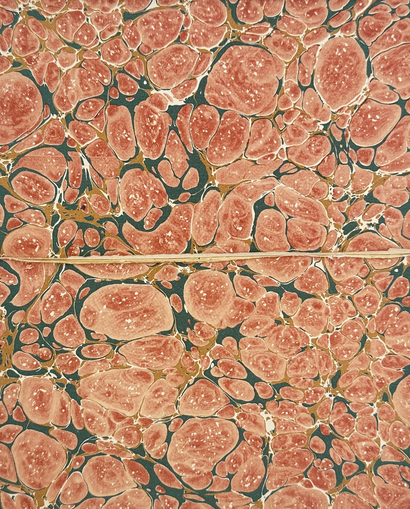 Unknown Artist – Reddish-Pink and Green Marbled Decorative Papers – Woodcut (Mid-20th Century): This pair of decorative works features a vibrant marbled pattern characterized by dense, reddish-pink organic shapes set against a dark green and gold-veined background. Marbled paper has historically