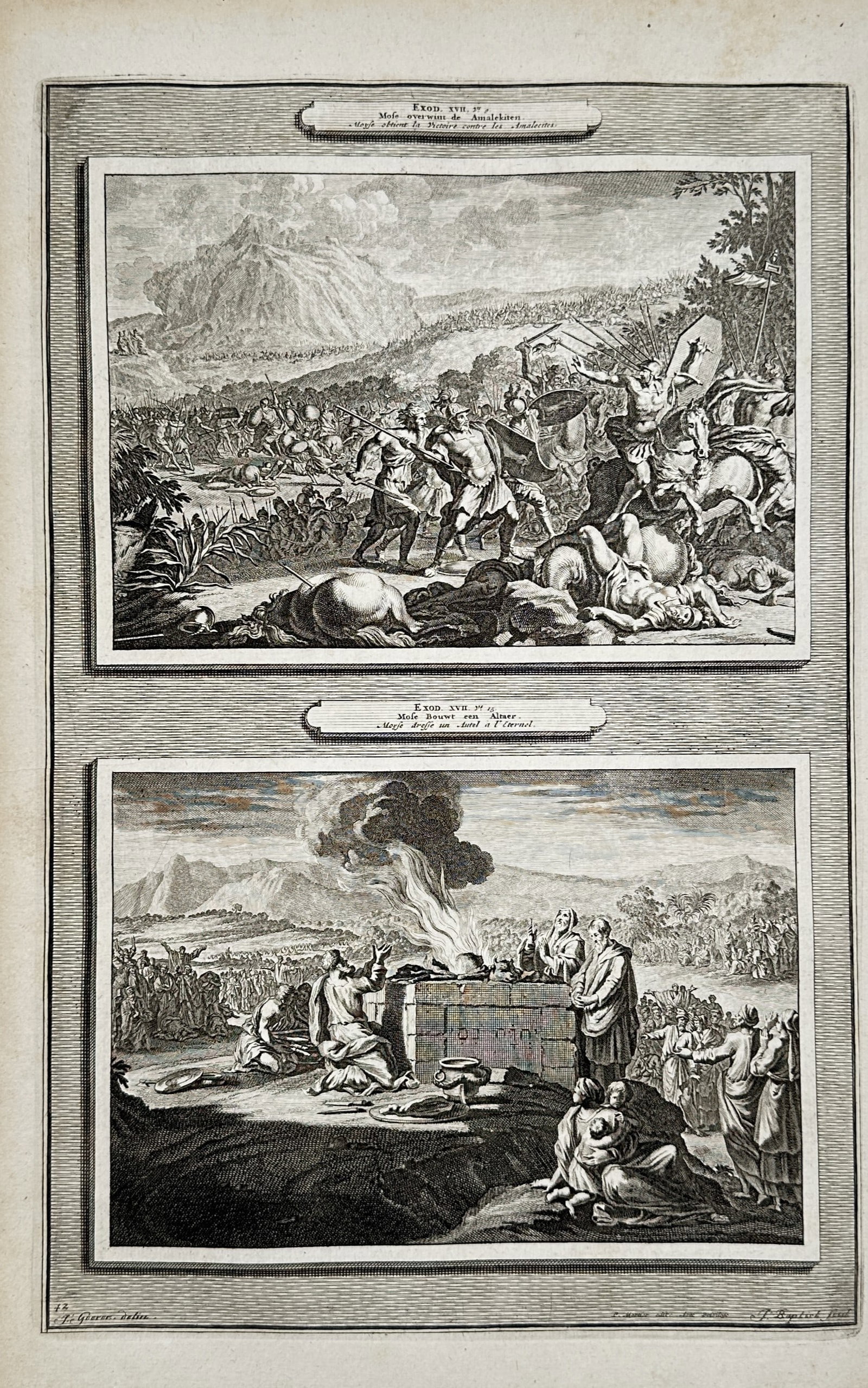 Pieter Mortier (1661–1711) – The Battle against Amalek and the Altar of Moses – Engraving (1 of 2)