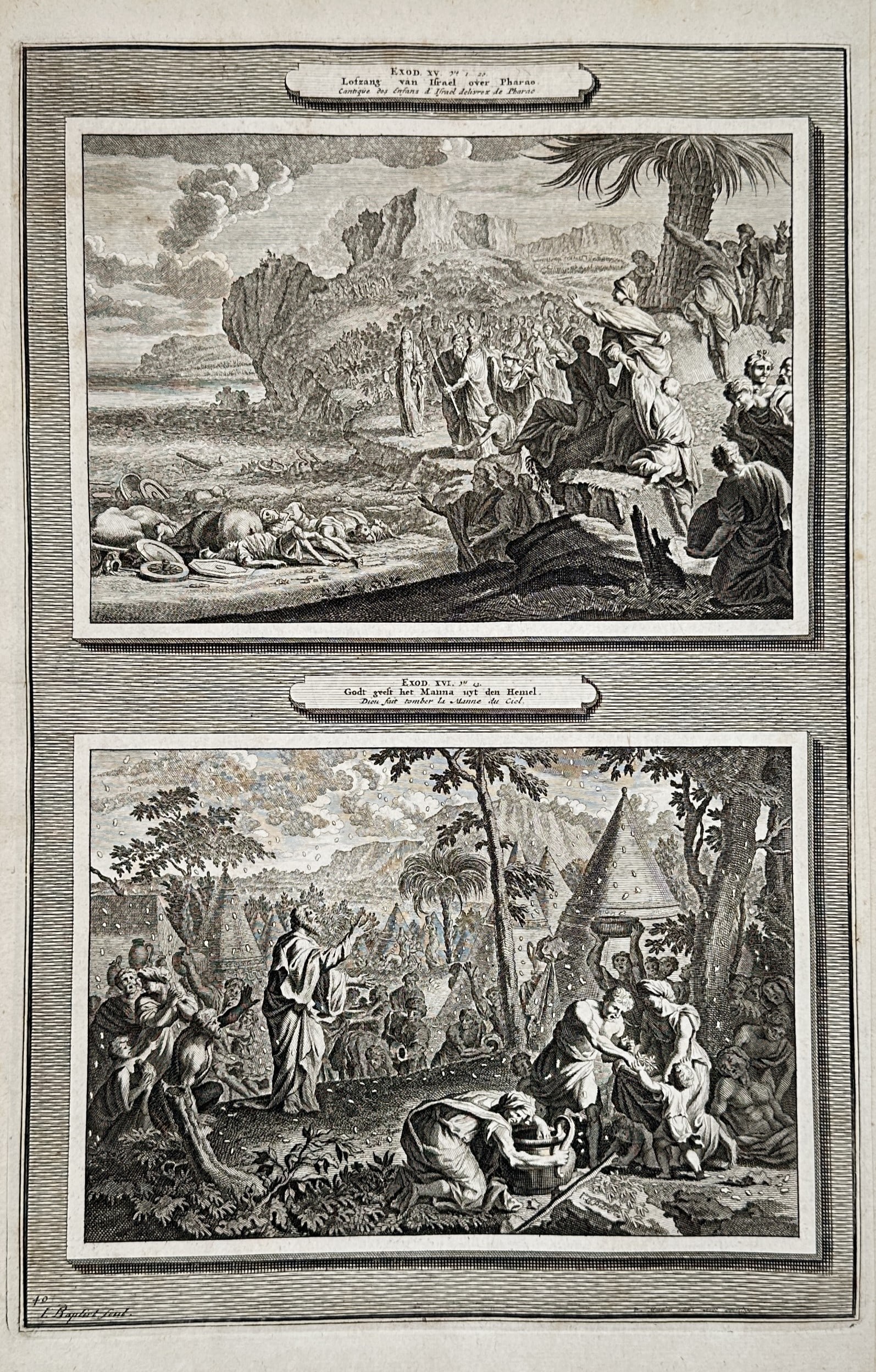 Pieter Mortier (1661–1711) – The Song of Moses and the Gathering of Manna – Engraving (1700) (1 of 2)