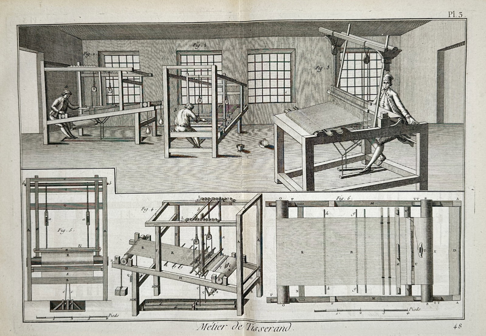 Robert Bénard (1734–1777) – Weaver's Loom (Métier de Tisserand) – Engraving (c. 1762–1772): "Métier de Tisserand. Pl. 3." This work features an encyclopedic technical plate detailing the craft of textile weaving. The upper half illustrates an active workshop scene with weavers operating lar