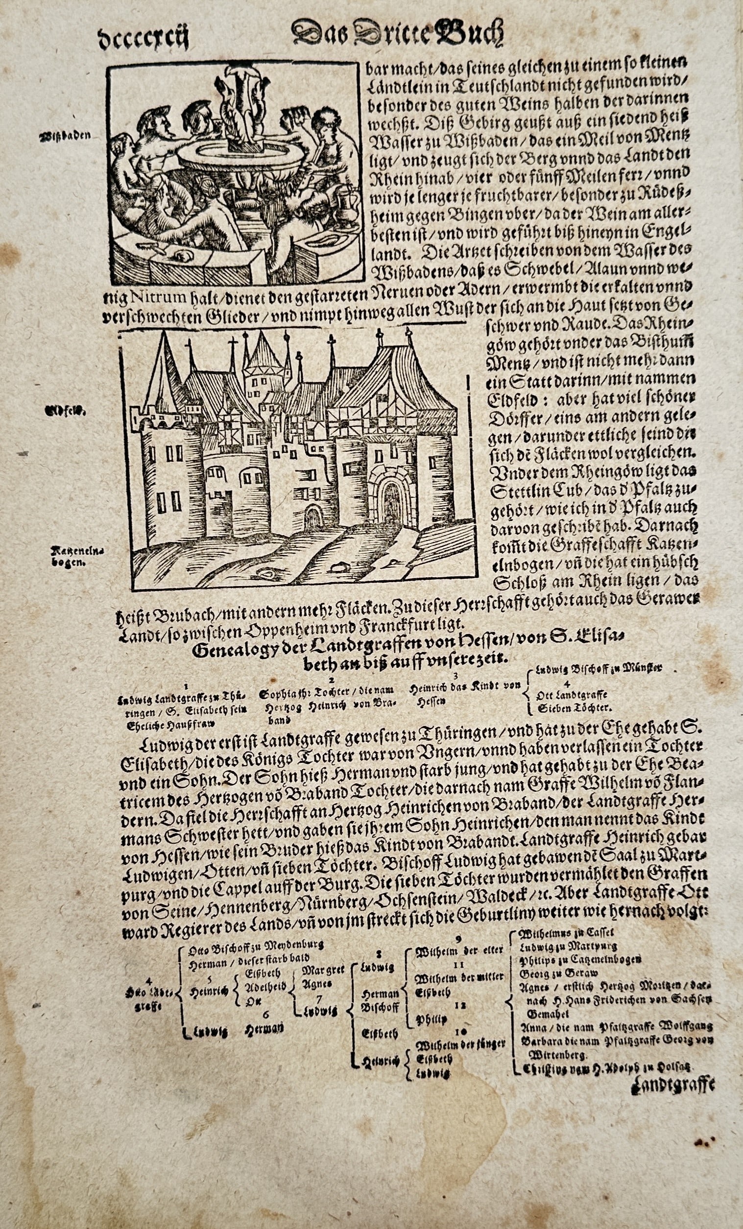 Sebastian Münster – Wiesbaden and Eltville, Landgraves of Hesse Genealogy – Woodcut: "Das Dritte Buch. Wisbaden. Eltfeld." This leaf features historical woodcut illustrations from a German edition of Sebastian Münster's Cosmographia. The upper woodcut depicts citizens bathing in the 