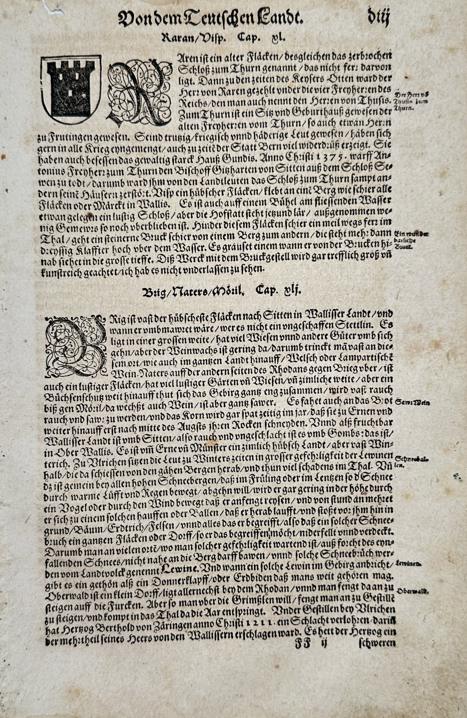 Sebastian Münster – On the Swiss Towns of Raron and Naters – Woodcut (c. 1544–1570): "Von dem Teutschen Landt. Raron/Visp. Cap. xl. Brig/Naters/Möstil. Cap. xli." This leaf features historical topographical descriptions from a German edition of Sebastian Münster's Cosmographia. The 