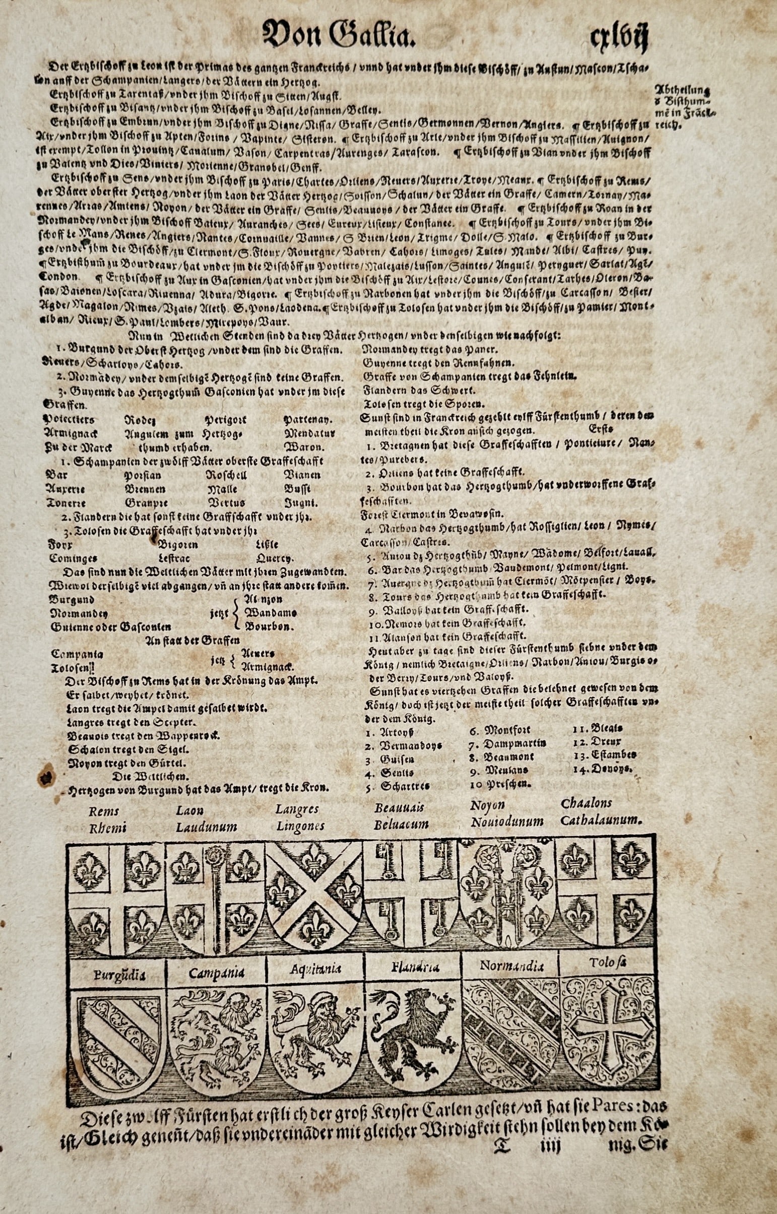 Sebastian Münster – On France, Twelve Peers of Gaul Coats of Arms – Woodcut (c. 1544–1570): "Von Gallia." This leaf features historical content from a German edition of Sebastian Münster's Cosmographia. The lower portion displays a composite woodcut showcasing twelve distinct coats of arms 