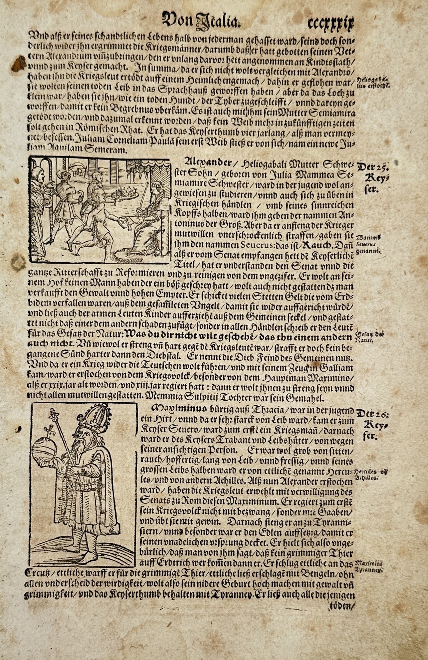 Sebastian Münster – On Roman Emperors Severus Alexander and Maximinus Thrax – Woodcut (1 of 2)